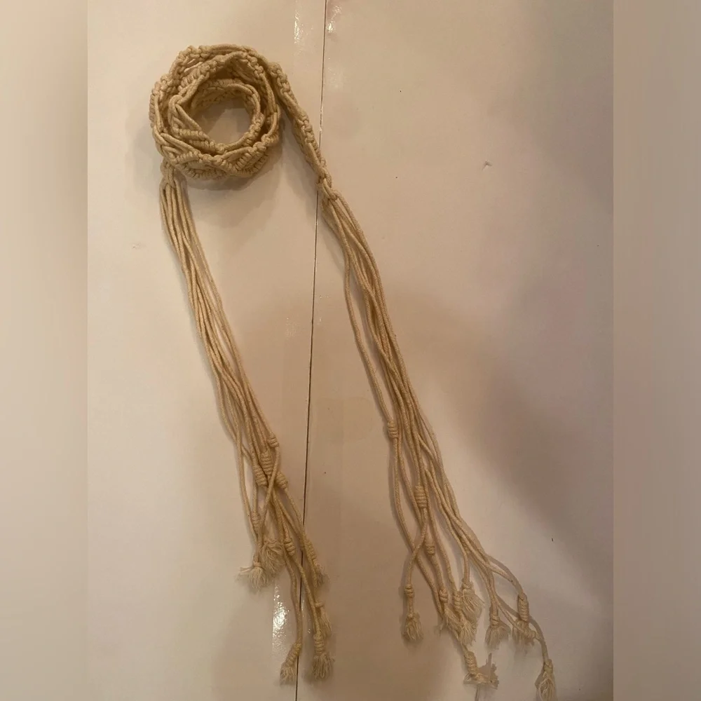 Woven macrame Rope Tassel Belt - Cream natural