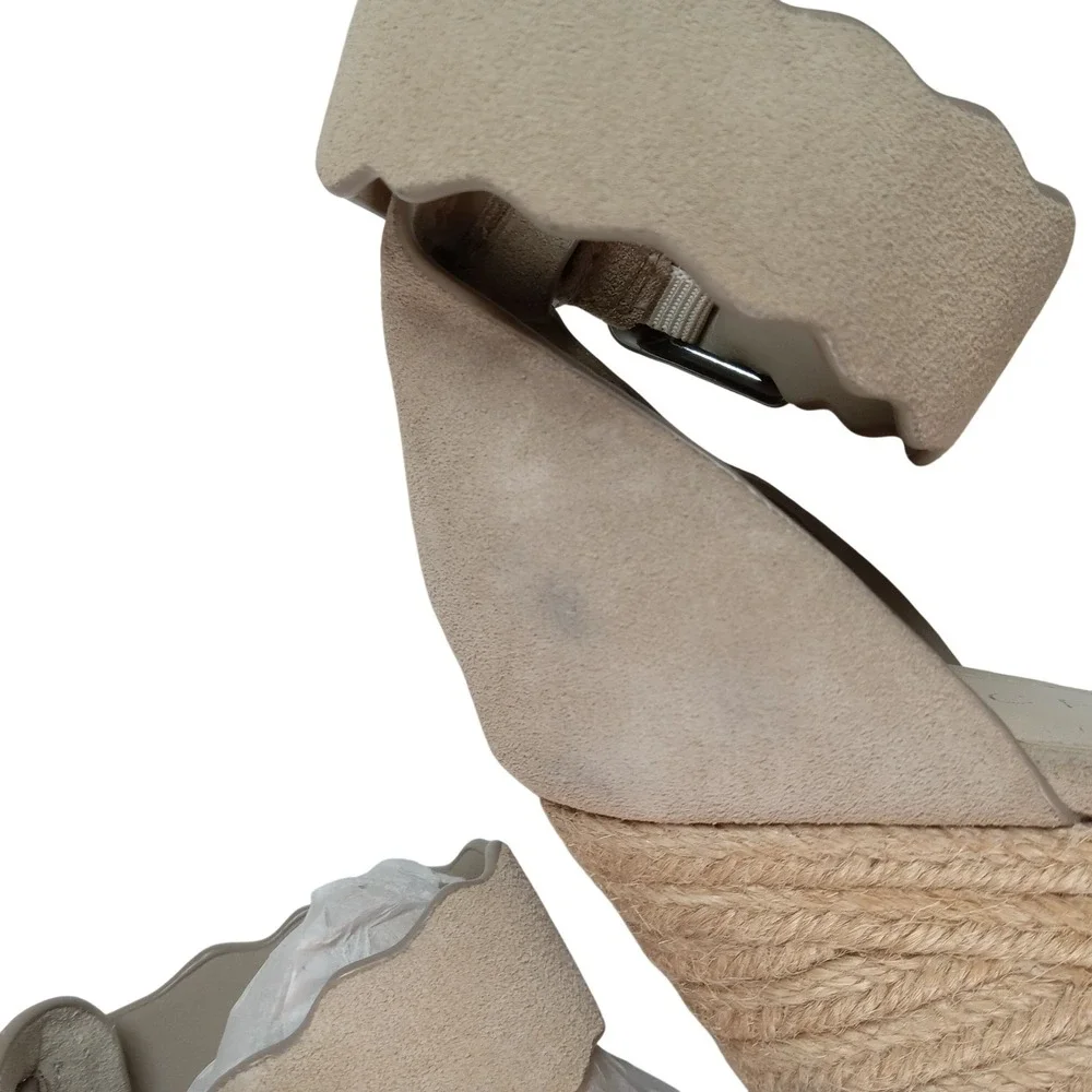Marc Fisher Adalyn‎ Tan Suede Scalloped Espadrille Wedge Sandals Womens 5.5M