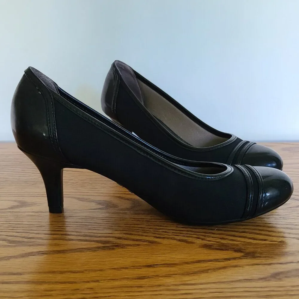 Life Stride Women's Petunia Black Pumps High Heels Shoes Patent And Fabric 8.5M