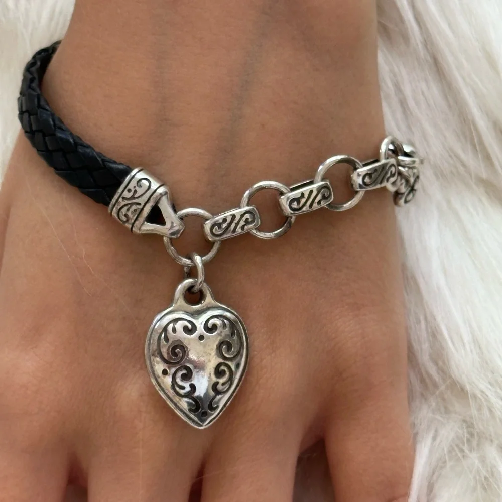 Brighton Black Braided Leather Bracelet with Silver Heart Charm
