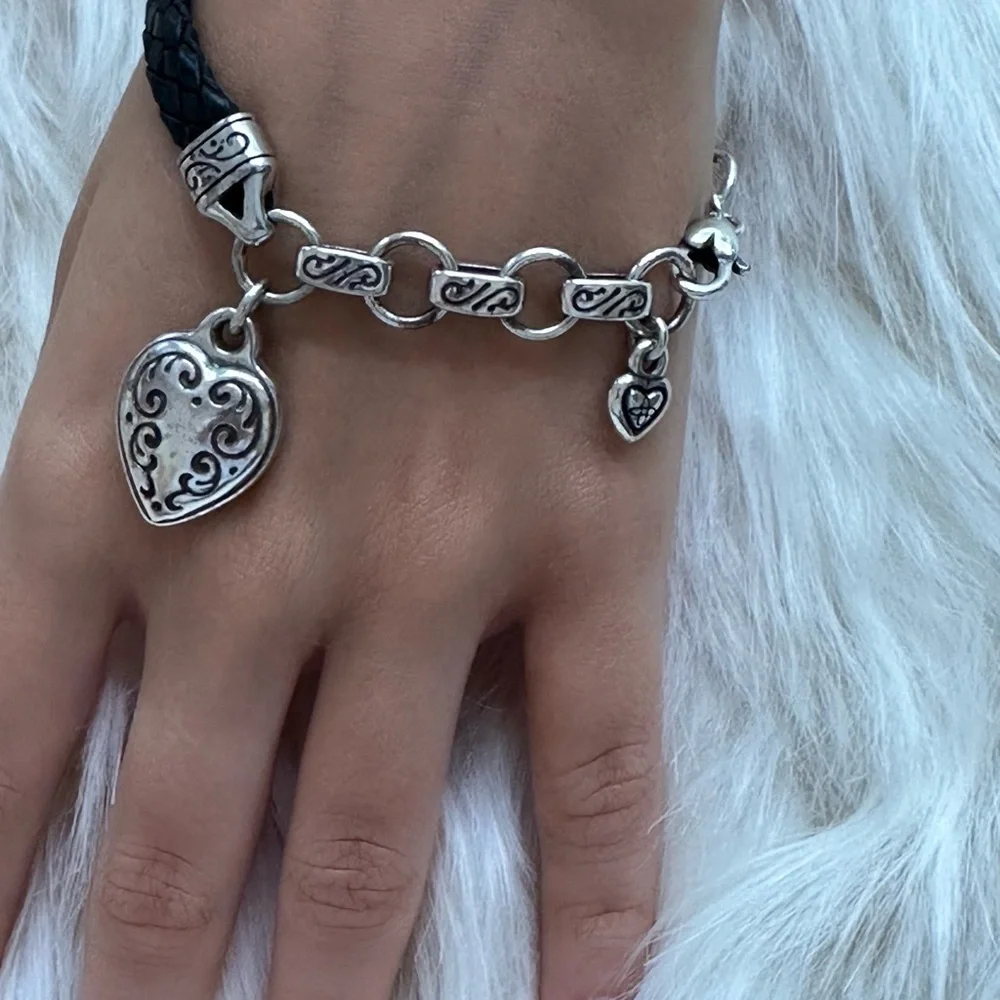 Brighton Black Braided Leather Bracelet with Silver Heart Charm