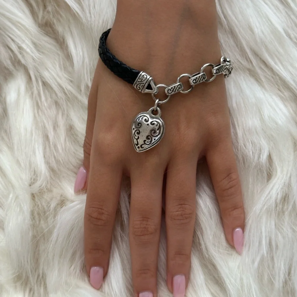 Brighton Black Braided Leather Bracelet with Silver Heart Charm
