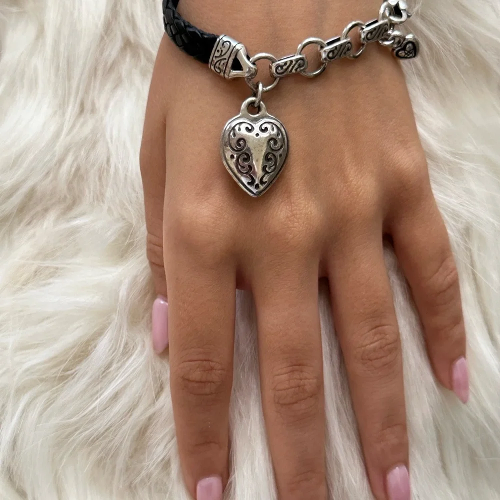 Brighton Black Braided Leather Bracelet with Silver Heart Charm