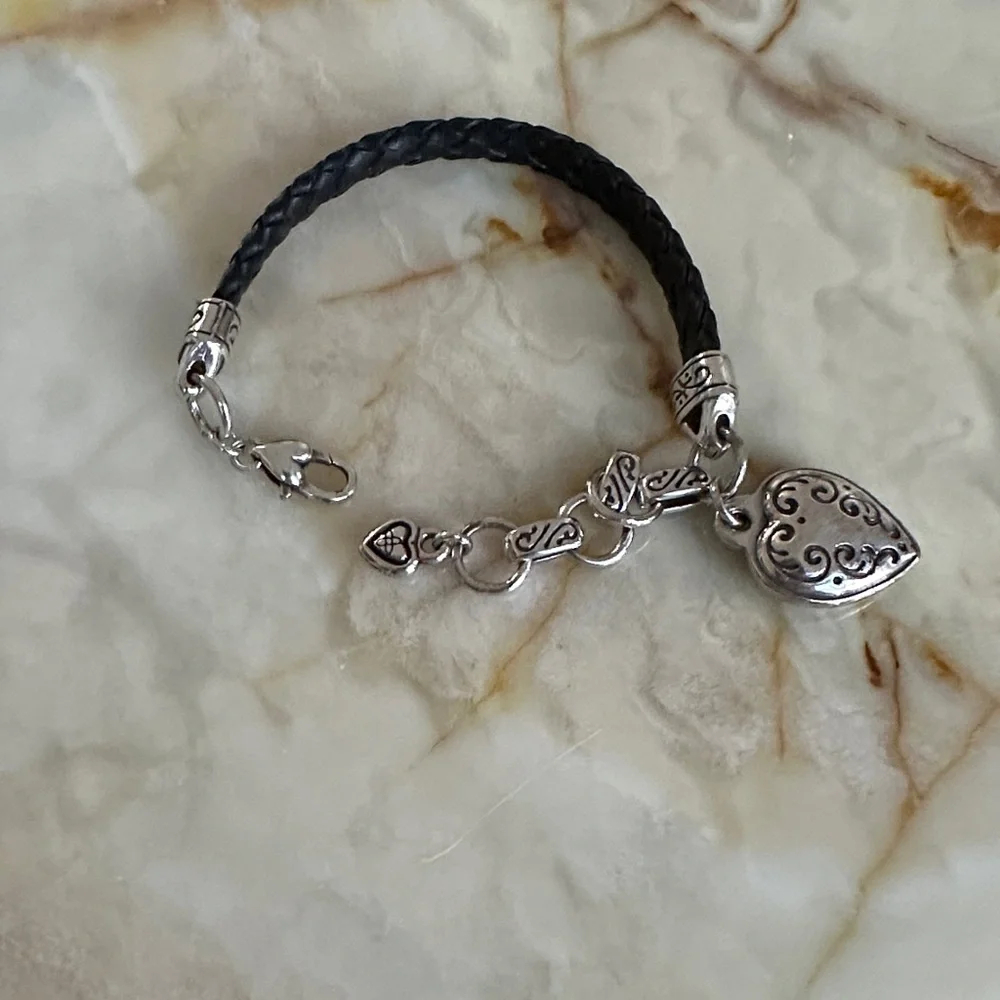 Brighton Black Braided Leather Bracelet with Silver Heart Charm