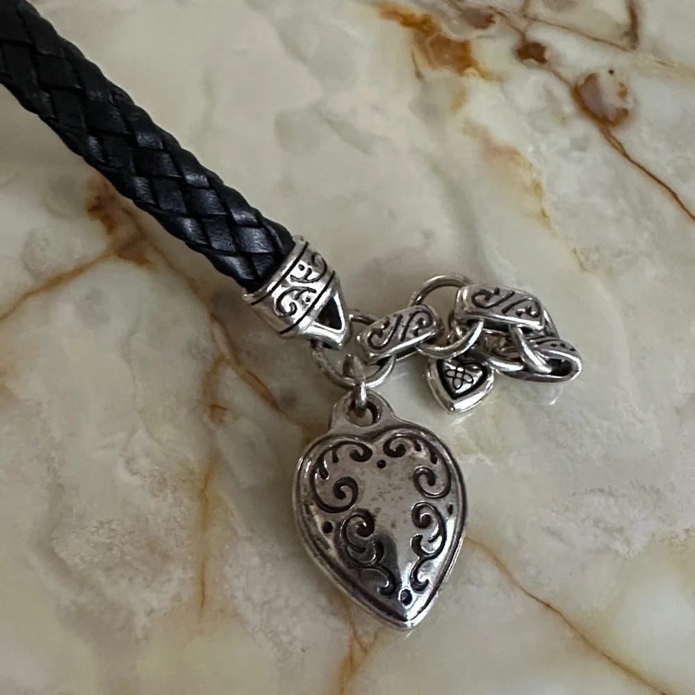 Brighton Black Braided Leather Bracelet with Silver Heart Charm