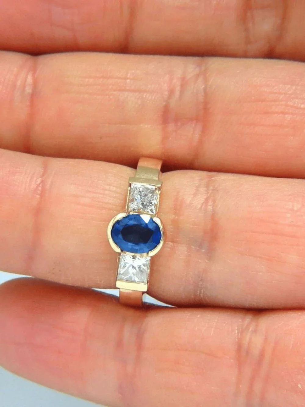 2.00ct natural sapphires diamond three stone ring 14kt royal blue*