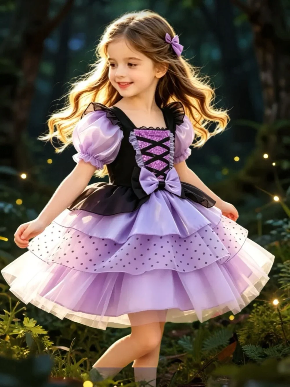 Purple Layered Tulle Kids Costume Dress with Bow