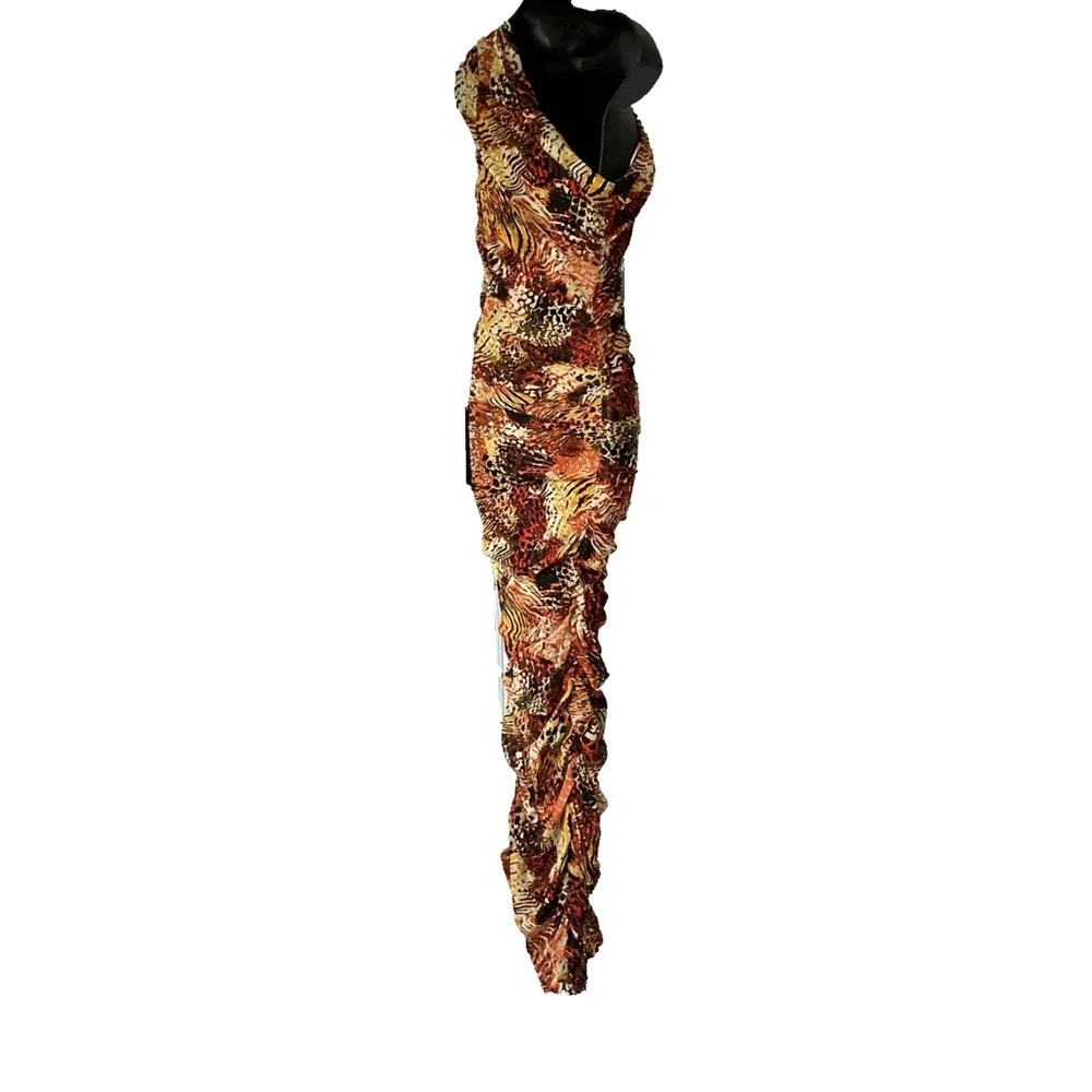 VTG Y2K Akira Satin MultiColor Animal Print Slit Shoulder Halter Dress Long Sz M