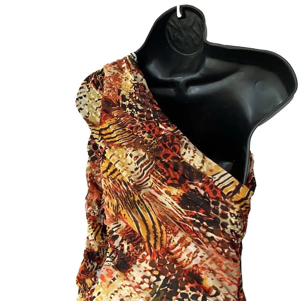 VTG Y2K Akira Satin MultiColor Animal Print Slit Shoulder Halter Dress Long Sz M