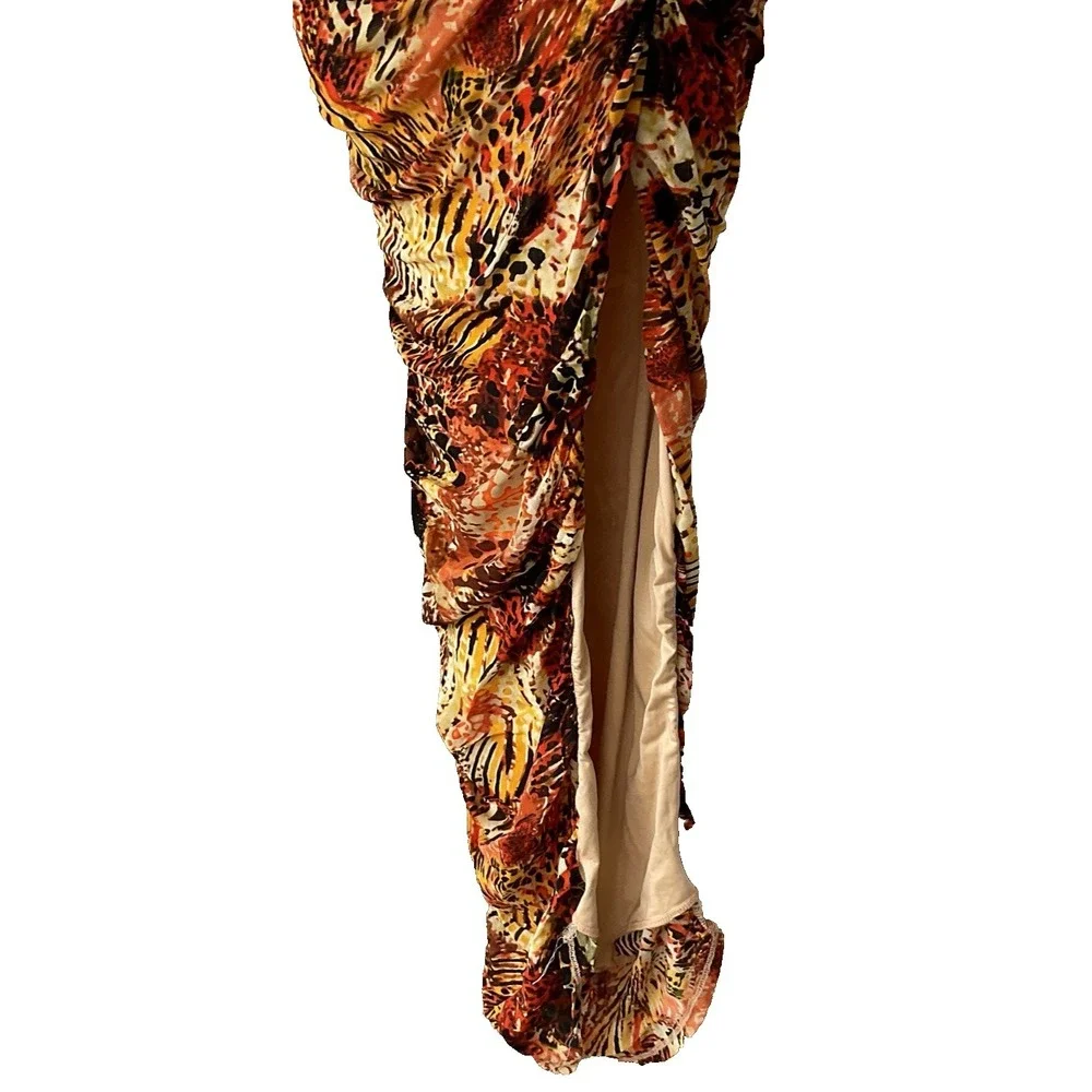 VTG Y2K Akira Satin MultiColor Animal Print Slit Shoulder Halter Dress Long Sz M