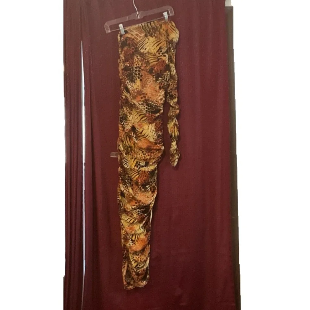 VTG Y2K Akira Satin MultiColor Animal Print Slit Shoulder Halter Dress Long Sz M