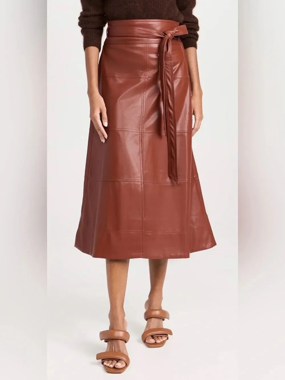 Tanya Taylor Hudson skirt Chestnut Brown Faux Leather Tie-Waist size 0 $459
