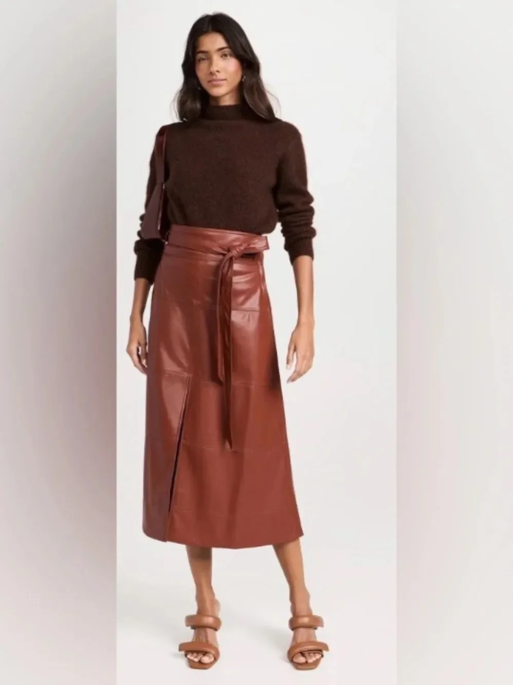 Tanya Taylor Hudson skirt Chestnut Brown Faux Leather Tie-Waist size 0 $459