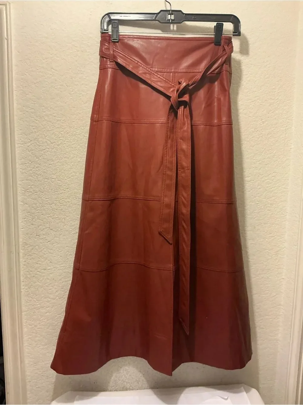 Tanya Taylor Hudson skirt Chestnut Brown Faux Leather Tie-Waist size 0 $459